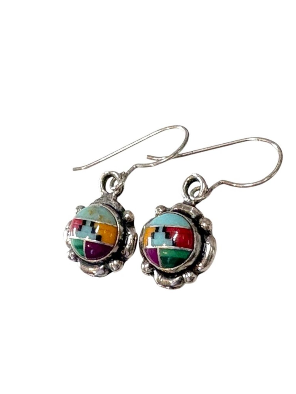 Sterling Silver and Multi-Stone Inlay Drop Dangle 5 Star Earrings-11 MM